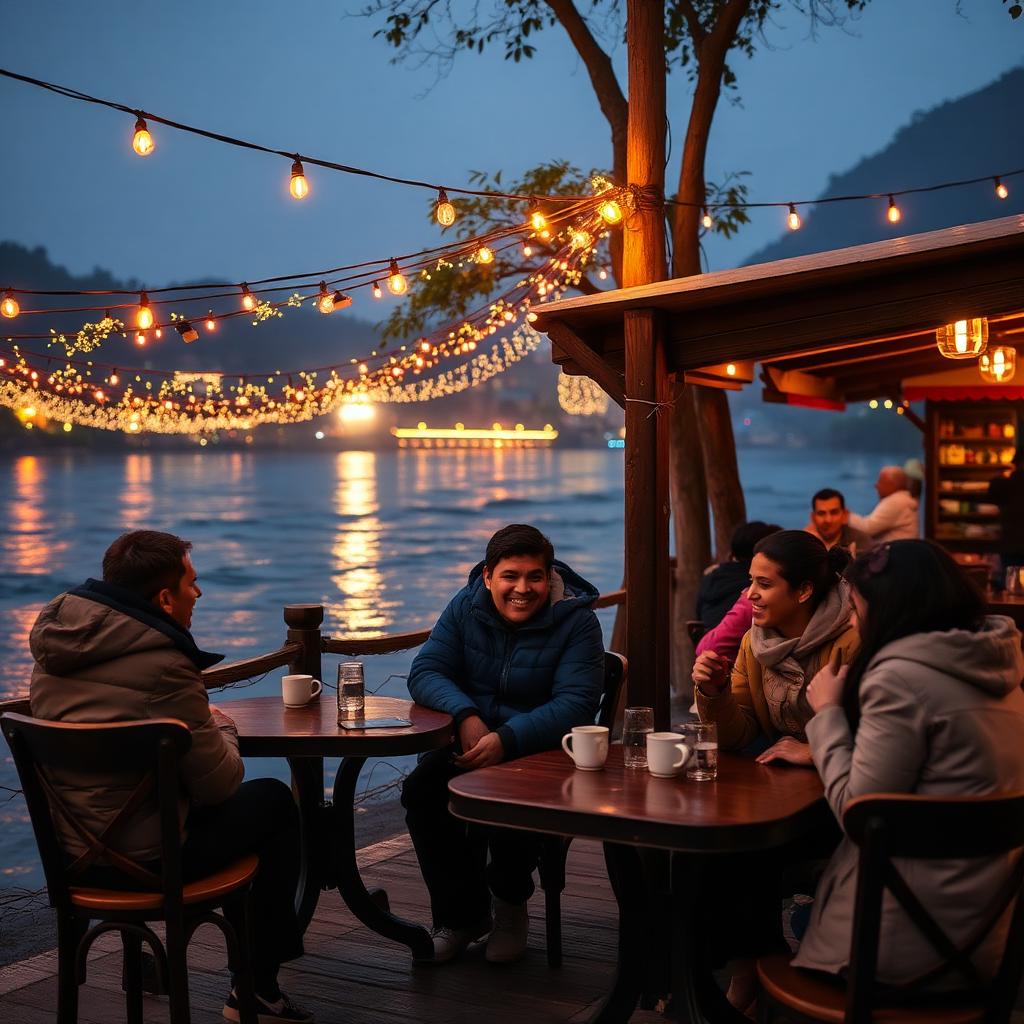 Riverside cafe at night