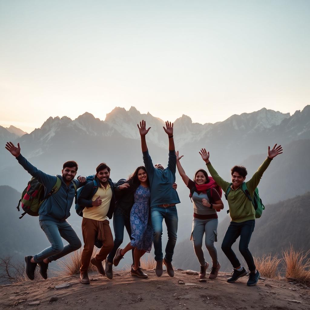 Group of travelers on mountain